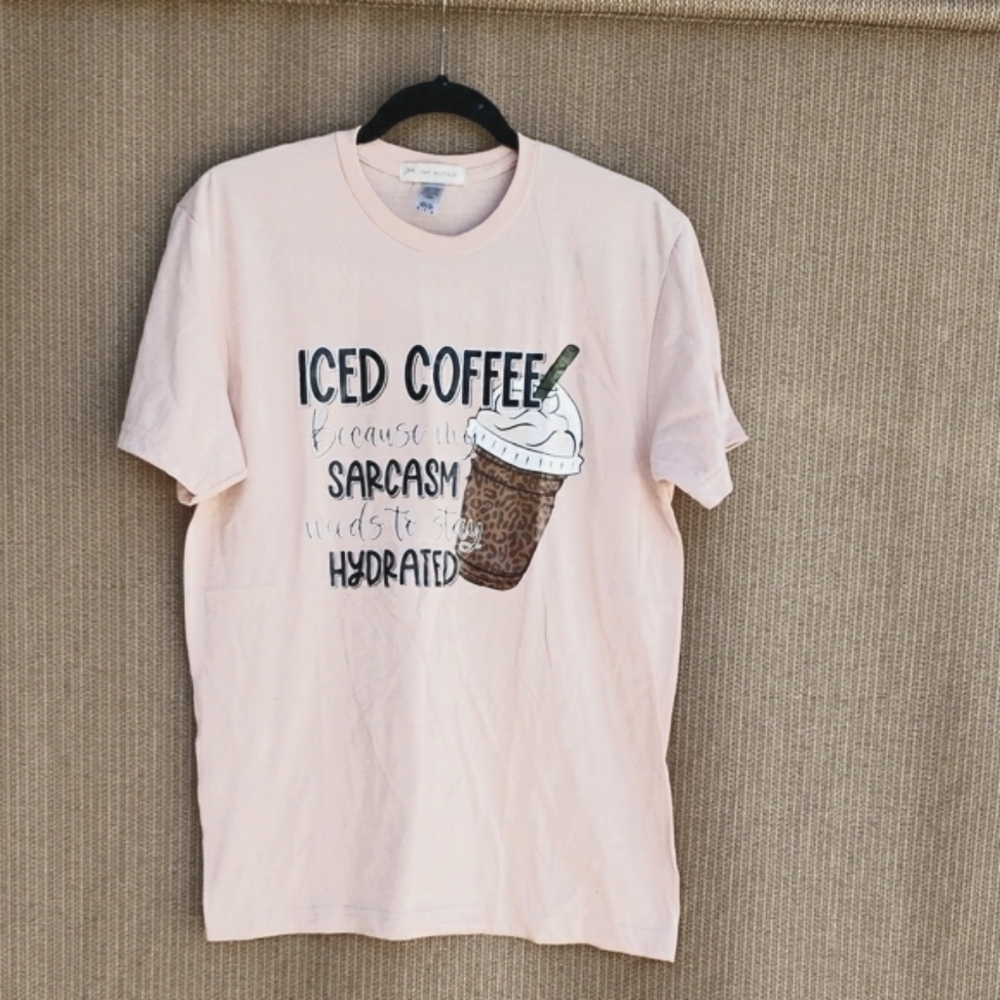 Pink Graphic Tee with Iced Coffee Design